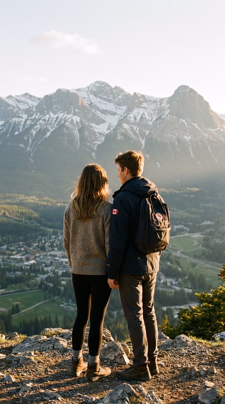 Canmore immigration consultant Wild Mountain Immigration: a couple looking out over the Canadian Rockies near Canmore, Alberta